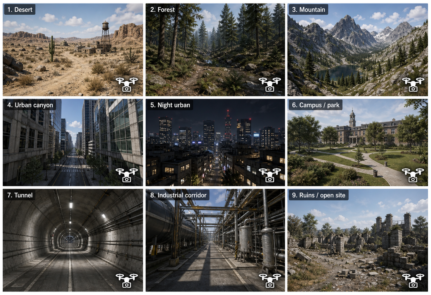 Representative natural and built environments in VoLN-UAV
